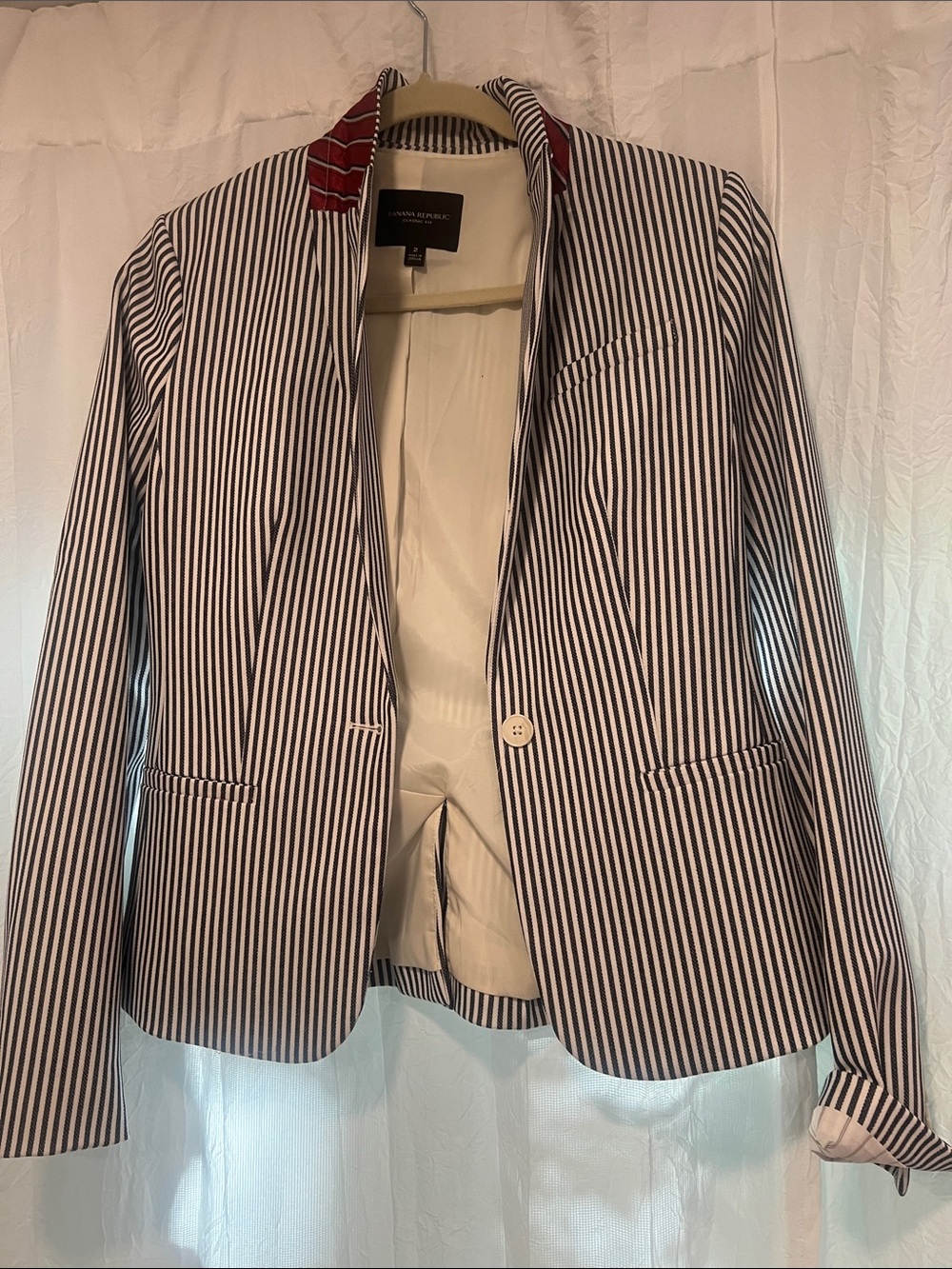 Banana Republic Navy and White Striped Blazer with Red Collar Detail